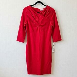 Calvin Klein Scarlet Draped Sheath Dress with Three-Quarter Sleeves -NWT